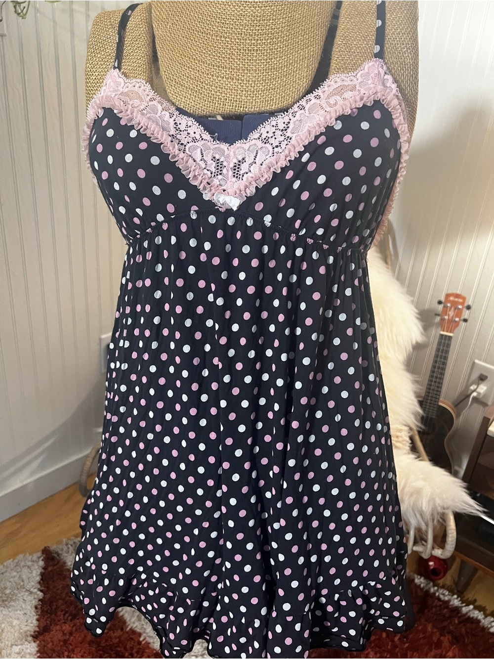 Polka Dot Lace-Trim Nightdress - Black with Pink & White Dots Victoria’s Secret